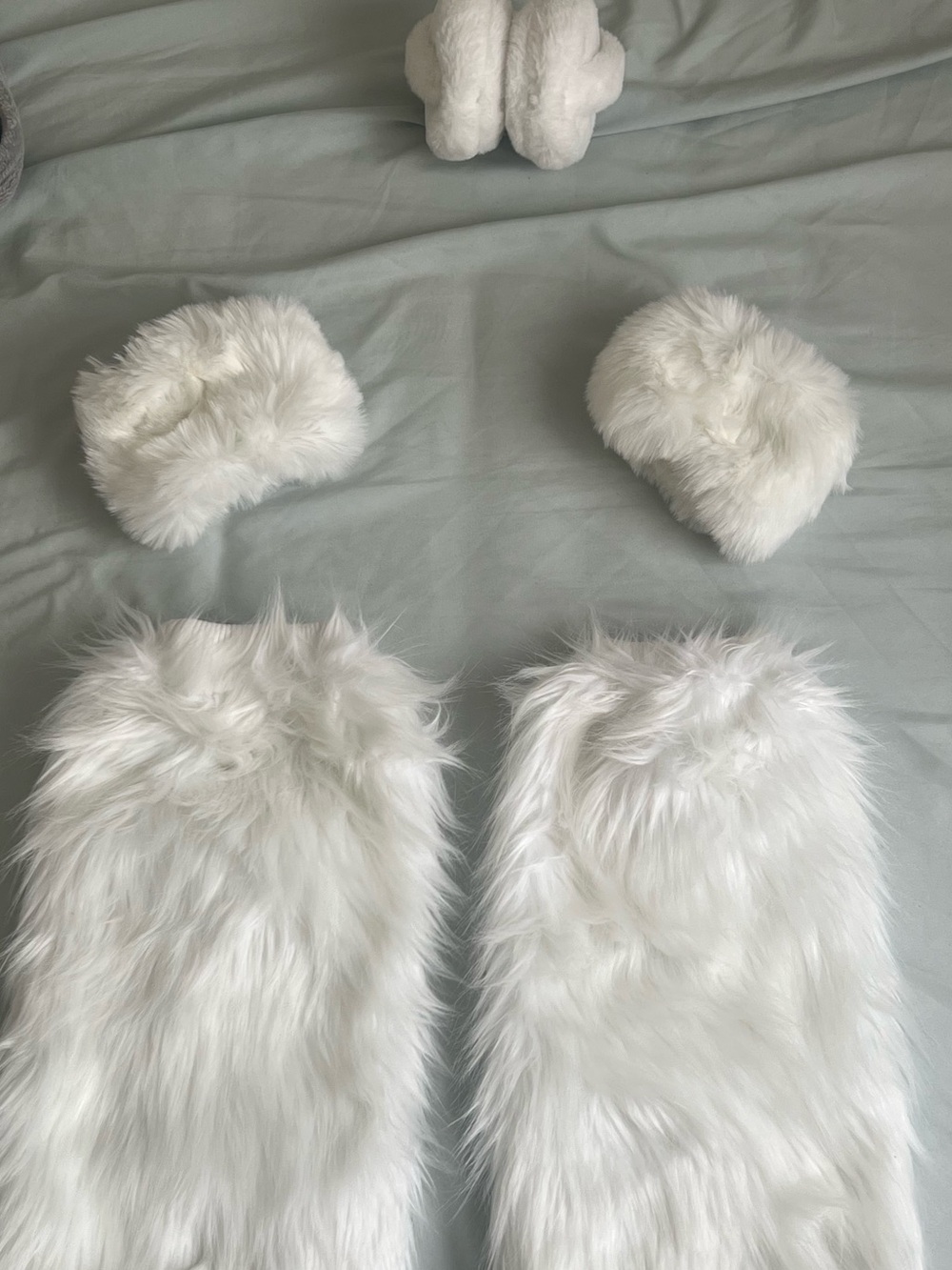 White Faux Fur Cuffs and Leg Warmers and Ear Muffs Set